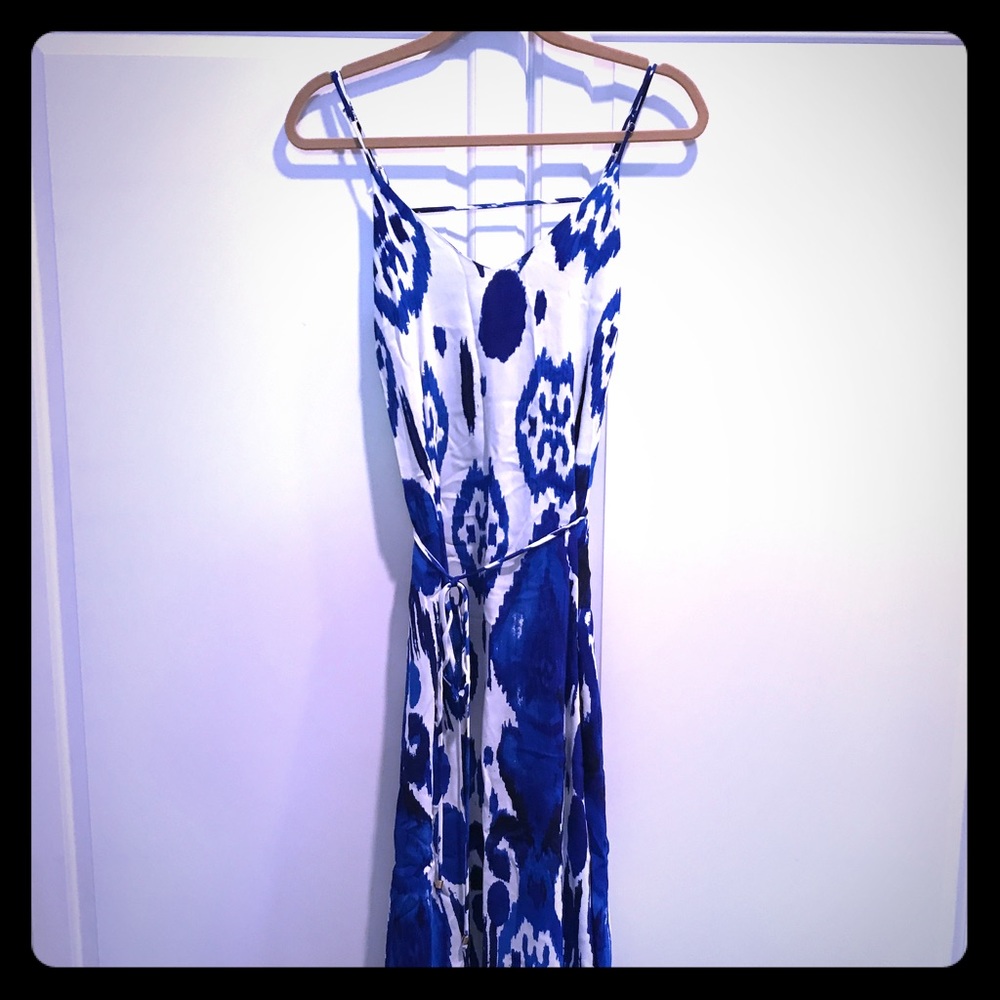 Brushed silk blue and white strappy midi dress